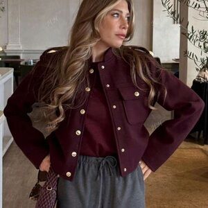 Autumn Jackets Woman Wine Red O-Neck Long Sleeves Pockets Buttons Single Coats